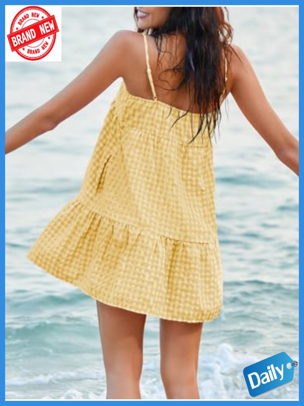 Womens A-Line Sleeveless Mini Sundress with Pockets, Ruffle Hem - Picture 2 of 6